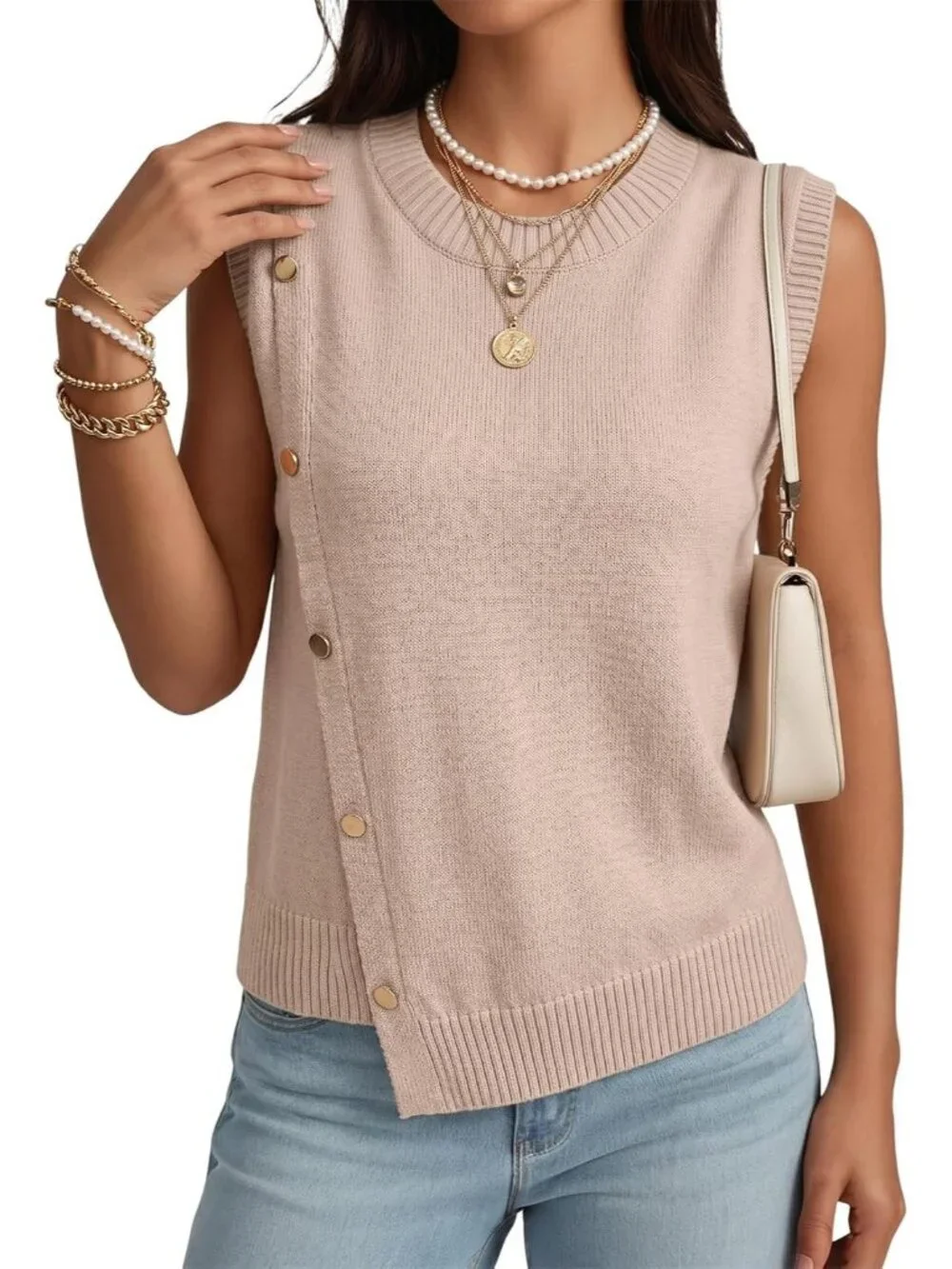 Women's Jet Stream Sleeveless Round Neck Casual Button Decoration Sweater Vest